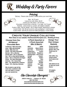 Wedding and party favor pricing for The Chocolate Therapist