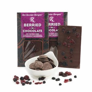 Berried in chocolate bar with dark chocolate and berries, by The Chocolate Therapist