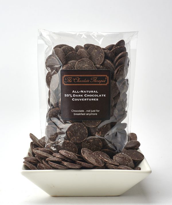 55% dark chocolate couvertures in an 8 oz bag by The Chocolate Therapist